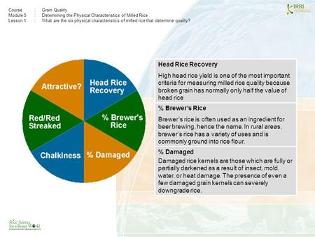 Course:Grain Quality Module 5: Determining the Physical Characteristics of Milled Rice Lesson 1 :What are the six physical characteristics of milled rice.