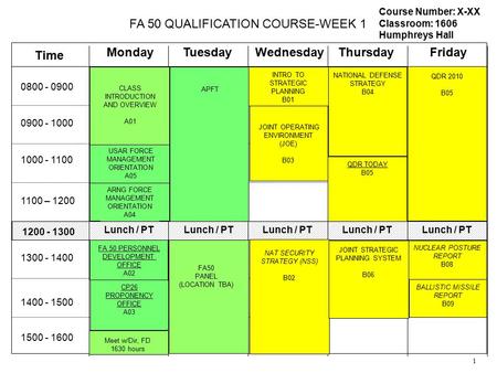 MondayTuesdayWednesdayThursdayFriday Time Lunch / PT 0800 - 0900 0900 - 1000 1000 - 1100 1100 – 1200 Course Number: X-XX Classroom: 1606 Humphreys Hall.