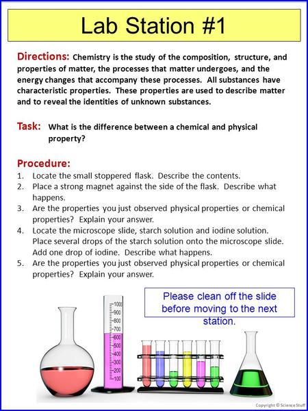 Lab Station #1 Directions: Chemistry is the study of the composition, structure, and properties of matter, the processes that matter undergoes, and the.