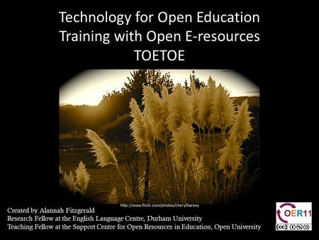 Technology for Open Education Training with Open E-resources TOETOE Created by Alannah Fitzgerald Research Fellow at the English Language Centre, Durham.