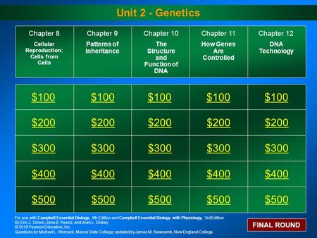 Unit 2 - Genetics $100 $200 $300 $400 $500 $100$100$100 $200 $300 $400 $500 Chapter 8 Cellular Reproduction: Cells from Cells FINAL ROUND Chapter 9 Patterns.