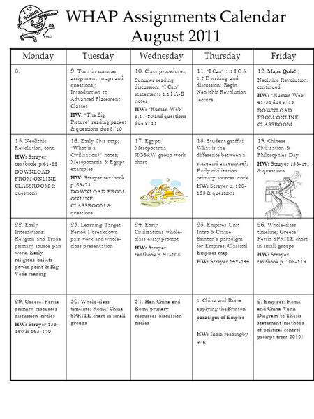 WHAP Assignments Calendar August 2011