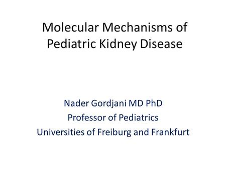 Molecular Mechanisms of Pediatric Kidney Disease Nader Gordjani MD PhD Professor of Pediatrics Universities of Freiburg and Frankfurt.