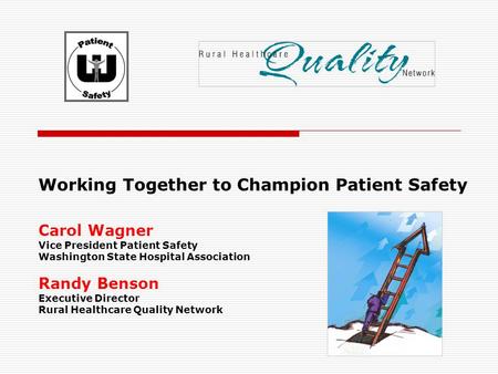 Working Together to Champion Patient Safety Carol Wagner Vice President Patient Safety Washington State Hospital Association Randy Benson Executive Director.