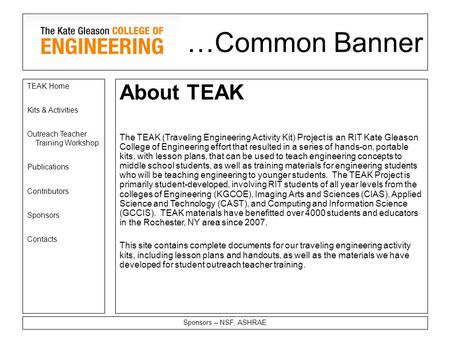 TEAK Home Kits & Activities Outreach Teacher Training Workshop Publications Contributors Sponsors Contacts Sponsors – NSF, ASHRAE About TEAK The TEAK (Traveling.