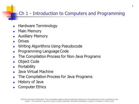 Ch 1 - Introduction to Computers and Programming Hardware Terminology Main Memory Auxiliary Memory Drives Writing Algorithms Using Pseudocode Programming.