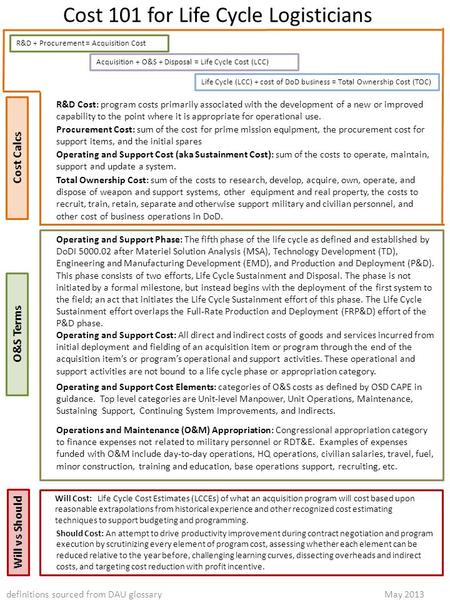 Cost 101 for Life Cycle Logisticians R&D Cost: program costs primarily associated with the development of a new or improved capability to the point where.