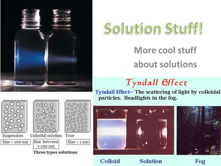 More cool stuff about solutions. As you walk into class try to answer these discussion questions on a piece of paper: 1.Explain how the different types.