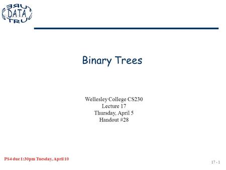 17 - 1 Binary Trees PS4 due 1:30pm Tuesday, April 10 Wellesley College CS230 Lecture 17 Thursday, April 5 Handout #28.