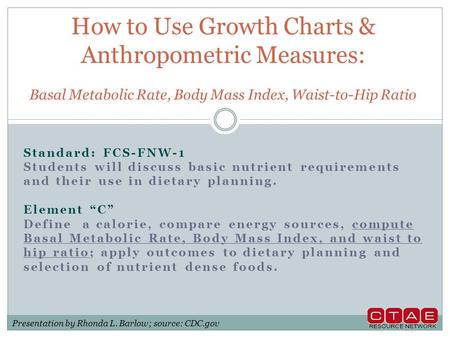 Standard: FCS-FNW-1 Students will discuss basic nutrient requirements and their use in dietary planning. Element “C” Define a calorie, compare energy sources,