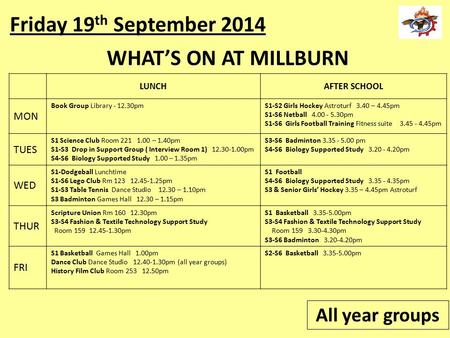 LUNCHAFTER SCHOOL MON Book Group Library - 12.30pmS1-S2 Girls Hockey Astroturf 3.40 – 4.45pm S1-S6 Netball 4.00 - 5.30pm S1-S6 Girls Football Training.