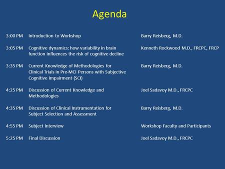 Agenda 3:00 PMIntroduction to Workshop Barry Reisberg, M.D. 3:05 PM Cognitive dynamics: how variability in brain Kenneth Rockwood M.D., FRCPC, FRCP function.