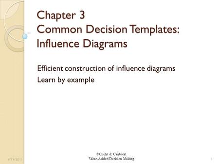 ©Chelst & Canbolat Value-Added Decision Making Chapter 3 Common Decision Templates: Influence Diagrams Efficient construction of influence diagrams Learn.