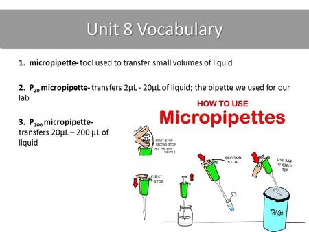 Unit 8 Vocabulary 1. micropipette- tool used to transfer small volumes of liquid 2. P 20 micropipette- transfers 2µL - 20µL of liquid; the pipette we used.