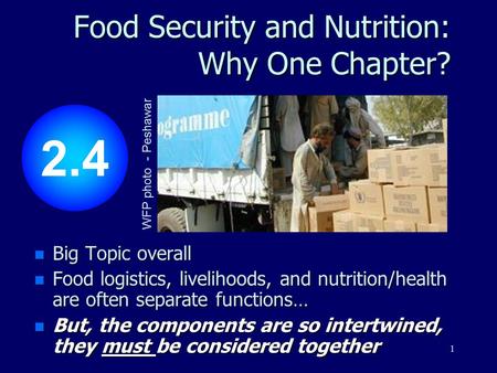 1 Food Security and Nutrition: Why One Chapter? n Big Topic overall n Food logistics, livelihoods, and nutrition/health are often separate functions… n.