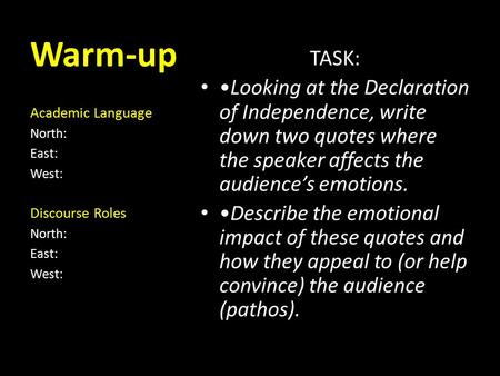 Warm-up Academic Language North: East: West: Discourse Roles North: East: West: TASK: Looking at the Declaration of Independence, write down two quotes.