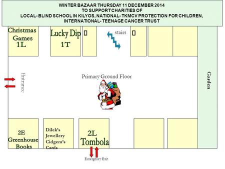 Entrance stairs  Garden Primary Ground Floor Garden  Emergency Exit WINTER BAZAAR THURSDAY 11 DECEMBER 2014 TO SUPPORT CHARITIES OF LOCAL- BLIND SCHOOL.