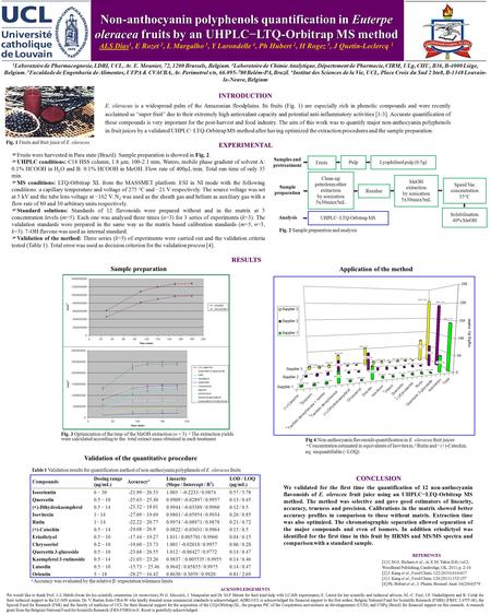 Non-anthocyanin polyphenols quantification in Euterpe oleracea fruits by an UHPLC−LTQ-Orbitrap MS method ALS Dias 1, E Rozet 2, L Margalho 3, Y Larondelle.