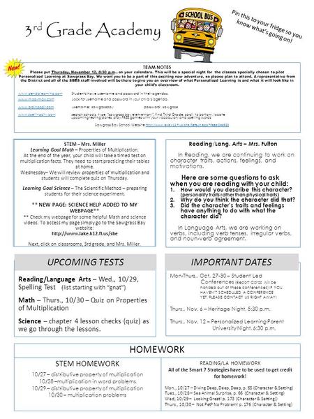 TEAM NOTES Please put Thursday, November 12, 6:30 p.m., on your calendars. This will be a special night for the classes specially chosen to pilot Personalized.