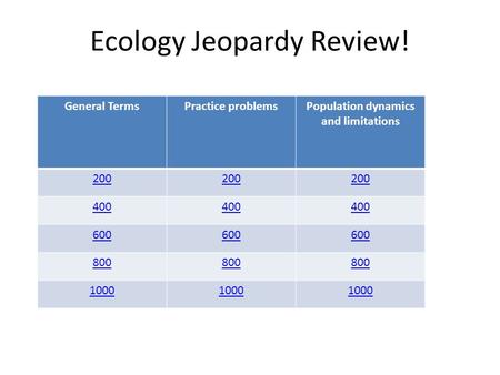 Ecology Jeopardy Review! General TermsPractice problemsPopulation dynamics and limitations 200 400 600 800 1000.