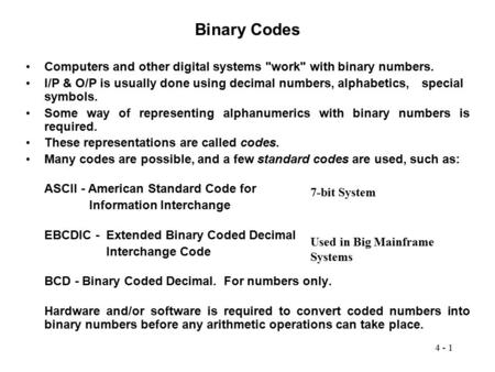 Binary Codes Computers and other digital systems work with binary numbers. I/P & O/P is usually done using decimal numbers, alphabetics, 	special symbols.