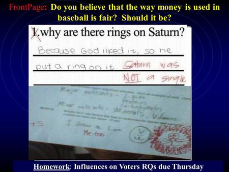 FrontPage: Do you believe that the way money is used in baseball is fair? Should it be? Homework: Influences on Voters RQs due Thursday.