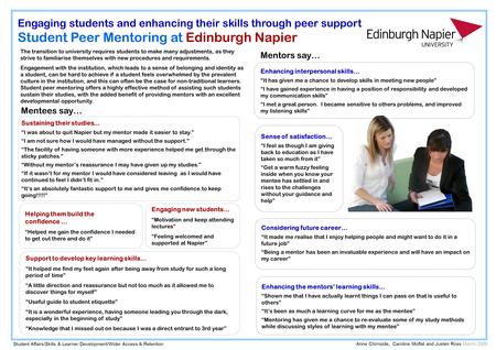 Engaging students and enhancing their skills through peer support Student Peer Mentoring at Edinburgh Napier Engaging new students… “Motivation and keep.