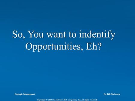 Strategic Management Dr. Bill Todorovic Copyright © 2008 The McGraw-Hill Companies, Inc. All rights reserved. So, You want to indentify Opportunities,