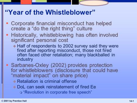 © 2001 by Prentice Hall 14-1 “Year of the Whistleblower”  Corporate financial misconduct has helped create a “do the right thing” culture  Historically,