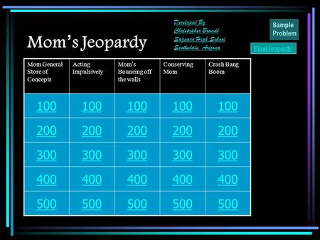 Mom General Store of Concepts Acting Impulsively Mom ’ s Bouncing off the walls Conserving Mom Crash Bang Boom 100 200 300 400 500 Mom ’ s Jeopardy Sample.