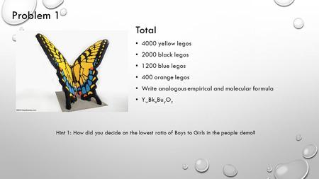 Problem 1 Total 4000 yellow legos 2000 black legos 1200 blue legos 400 orange legos Write analogous empirical and molecular formula Y w Bk x Bu y O z Hint.