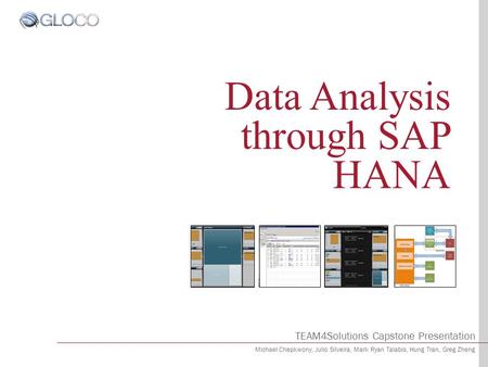 Data Analysis through SAP HANA TEAM4Solutions Capstone Presentation Michael Chepkwony, Julio Silveira, Mark Ryan Talabis, Hung Tran, Greg Zheng.