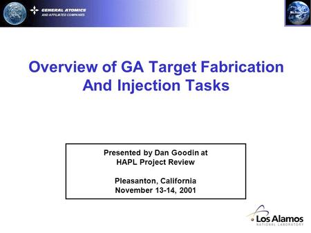 Overview of GA Target Fabrication And Injection Tasks Presented by Dan Goodin at HAPL Project Review Pleasanton, California November 13-14, 2001.