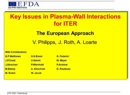 Key Issues in Plasma-Wall Interactions for ITER The European Approach V. Philipps, J. Roth, A. Loarte With Contributions G.F MatthewsH.G.EsserG. Federici.