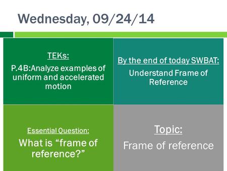 Wednesday, 09/24/14 TEKs: P.4B:Analyze examples of uniform and accelerated motion By the end of today SWBAT: Understand Frame of Reference Essential Question: