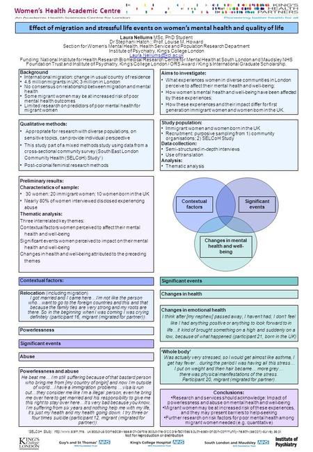 Women’s Health Academic Centre Effect of migration and stressful life events on women’s mental health and quality of life Laura Nellums MSc, PhD Student.