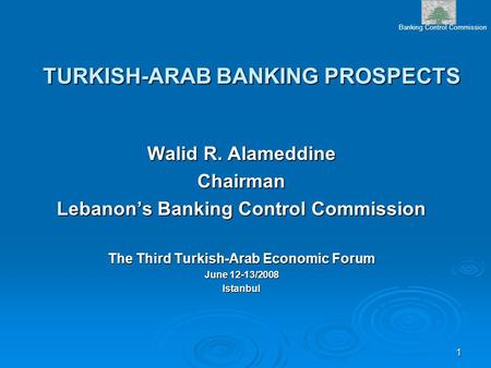 Banking Control Commission 1 TURKISH-ARAB BANKING PROSPECTS Walid R. Alameddine Chairman Lebanon’s Banking Control Commission The Third Turkish-Arab Economic.