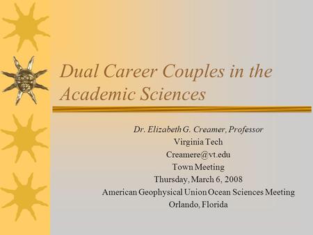 Dual Career Couples in the Academic Sciences Dr. Elizabeth G. Creamer, Professor Virginia Tech Town Meeting Thursday, March 6, 2008 American.