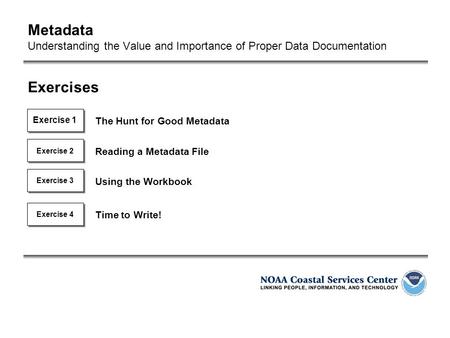 Metadata Understanding the Value and Importance of Proper Data Documentation Exercise 2 Reading a Metadata File Exercise 3 Using the Workbook Exercise.