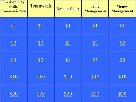 $2 $5 $10 $20 $1 $2 $5 $10 $20 $1 $2 $5 $10 $20 $1 $2 $5 $10 $20 $1 $2 $5 $10 $20 $1 Employability Skills/ Communication Teamwork Responsibility Time Management.