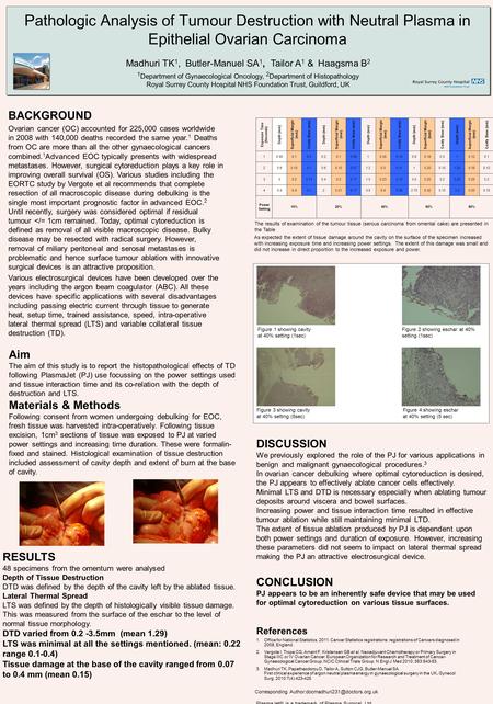 Pathologic Analysis of Tumour Destruction with Neutral Plasma in Epithelial Ovarian Carcinoma Madhuri TK 1, Butler-Manuel SA 1, Tailor A 1 & Haagsma B.