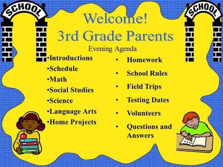 Introductions Schedule Math Social Studies Science Language Arts Home Projects Evening Agenda Homework School Rules Field Trips Testing Dates Volunteers.