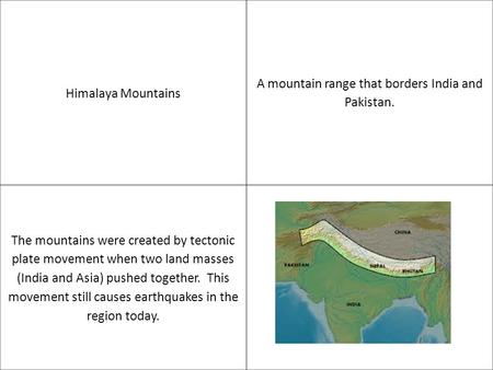 Himalaya Mountains A mountain range that borders India and Pakistan. The mountains were created by tectonic plate movement when two land masses (India.