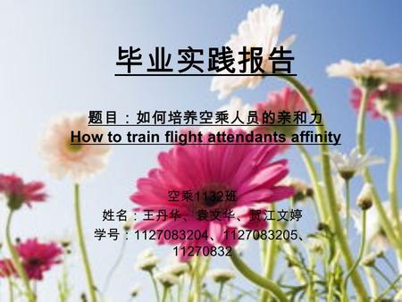 毕业实践报告 题目：如何培养空乘人员的亲和力 How to train flight attendants affinity 空乘 1132 班 姓名：王丹华、袁文华、贺江文婷 学号： 1127083204 、 1127083205 、 11270832.