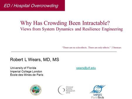 Robert L Wears, MD, MS University of Imperial College London École des Mines de Paris Why Has Crowding Been Intractable?