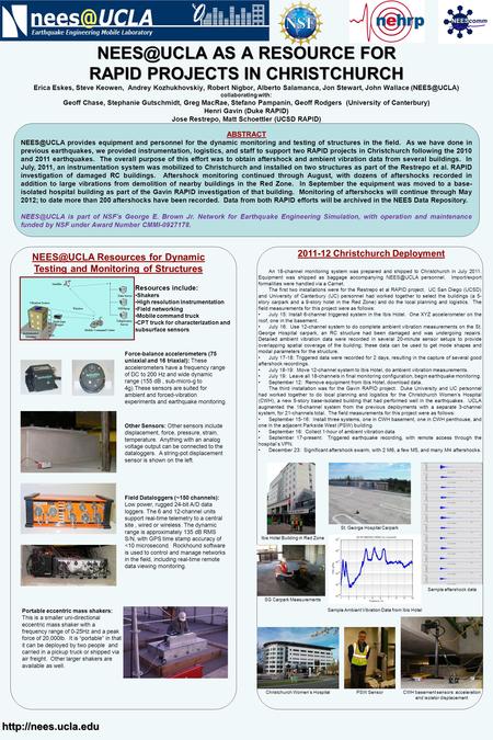 ABSTRACT provides equipment and personnel for the dynamic monitoring and testing of structures in the field. As we have done in previous earthquakes,