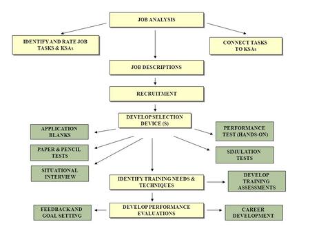 JOB ANALYSIS IDENTIFY AND RATE JOB TASKS & KSAs IDENTIFY AND RATE JOB TASKS & KSAs DEVELOP SELECTION DEVICE (S) DEVELOP SELECTION DEVICE (S) PAPER & PENCIL.