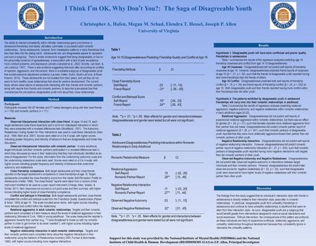 I Think I’m OK, Why Don’t You?: The Saga of Disagreeable Youth Christopher A. Hafen, Megan M. Schad, Elendra T. Hessel, Joseph P. Allen University of Virginia.