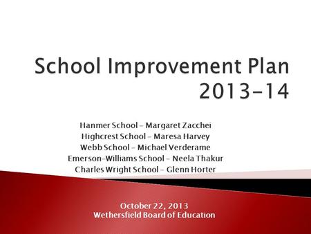 Hanmer School – Margaret Zacchei Highcrest School – Maresa Harvey Webb School – Michael Verderame Emerson-Williams School – Neela Thakur Charles Wright.