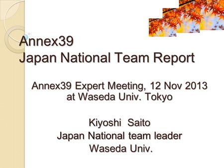 Annex39 Japan National Team Report Annex39 Expert Meeting, 12 Nov 2013 at Waseda Univ. Tokyo Kiyoshi Saito Japan National team leader Waseda Univ. Waseda.